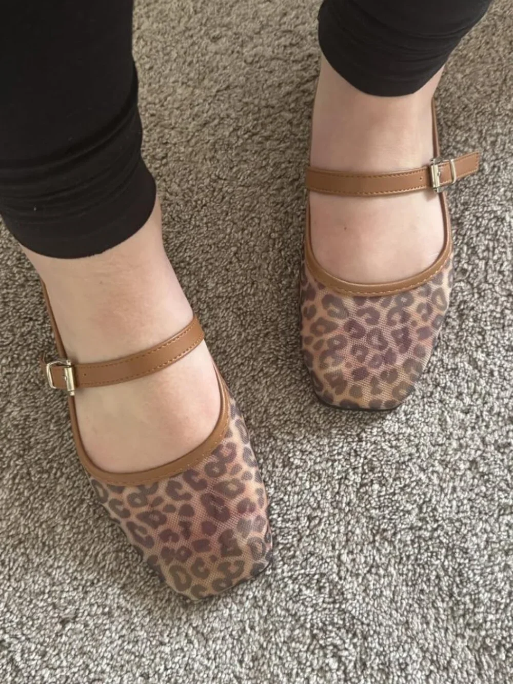 Women's Brown Leopard Mesh Square Closed Toe Mary Jane Ballet Flats Shoes